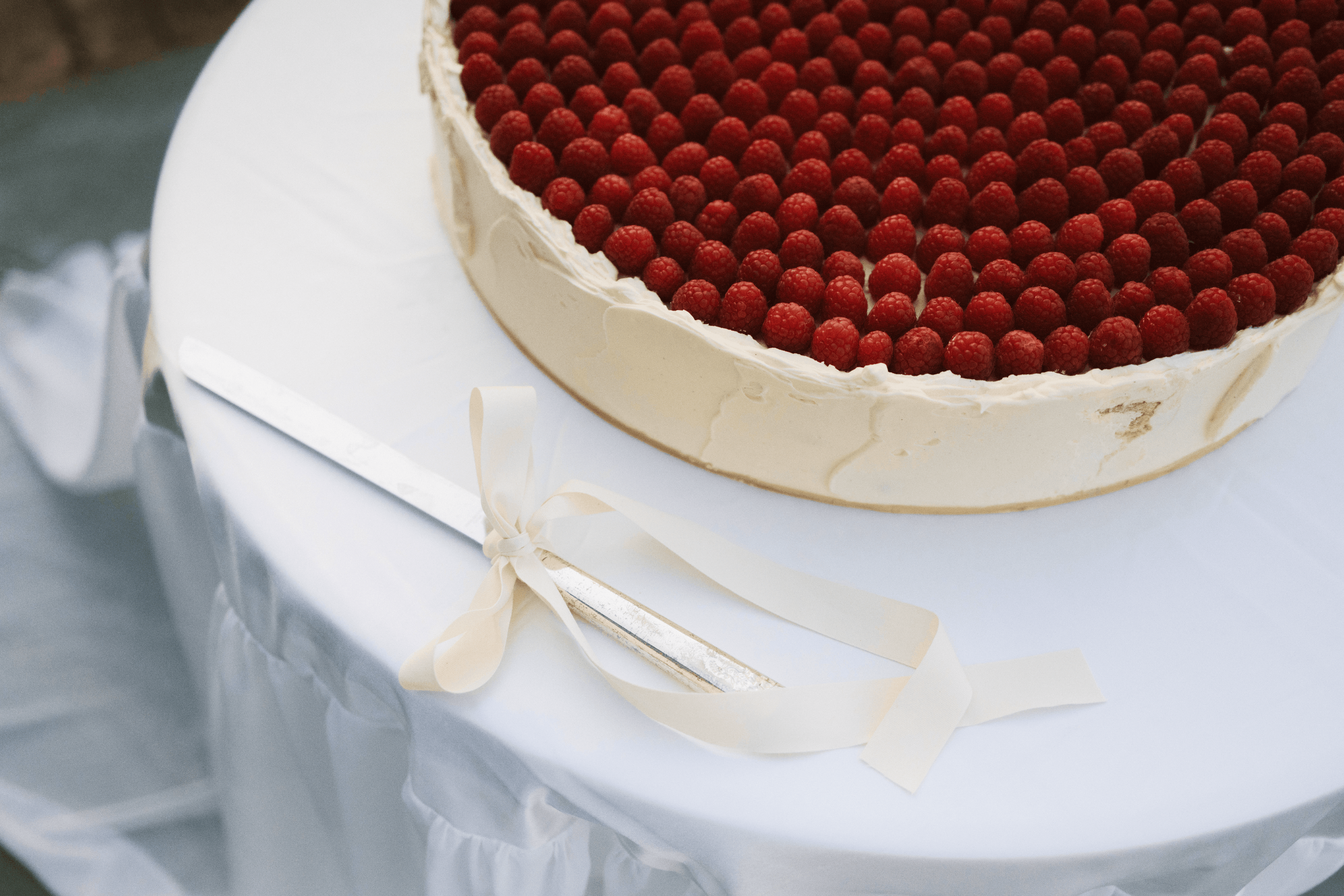 Round cake with red berries on a white stand